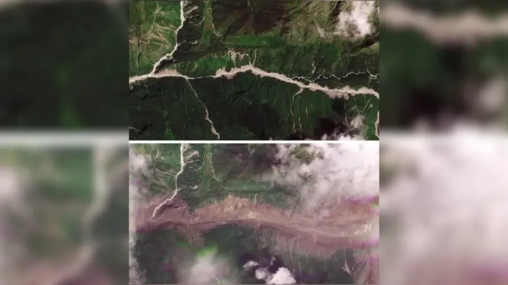 Fotos de satélite mostram destruição no Nepal após enchentes • 2026 Planet Labs PBC/Reprodução