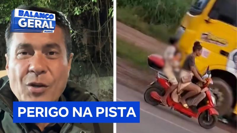 Mulher leva três crianças em moto na contramão de rodovia e sem capacete; veja