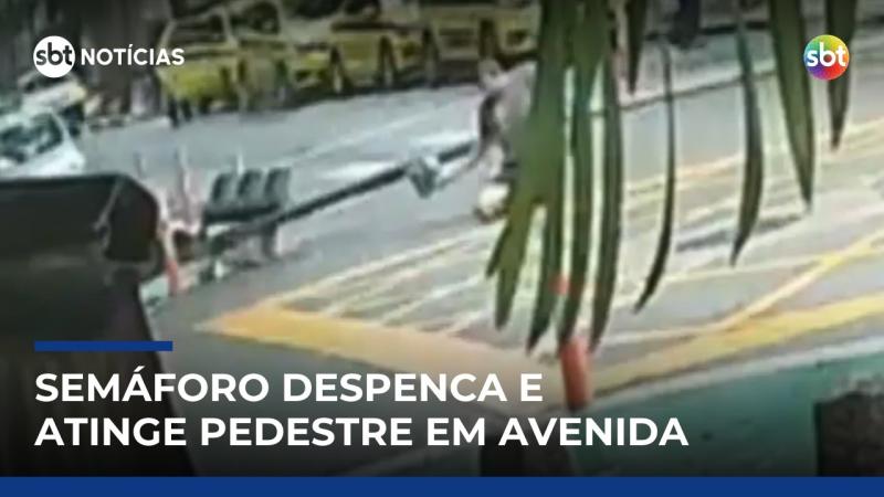 Semáforo despenca sobre pedestre e deixa ferido em avenida no Rio de Janeiro