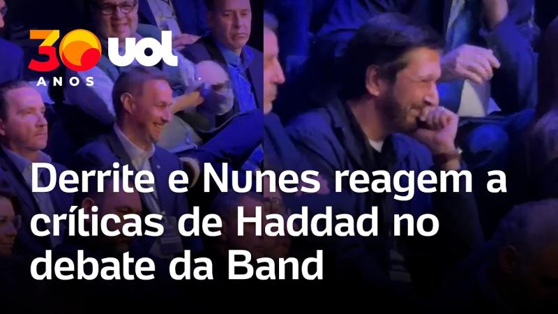 Debate na Band: Derrite e Nunes dão risadas durante críticas de Haddad à segurança e à dívida de SP