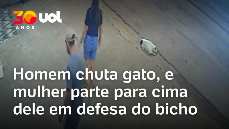 Homem chuta gato, e mulher parte para cima dele em defesa do bicho; veja